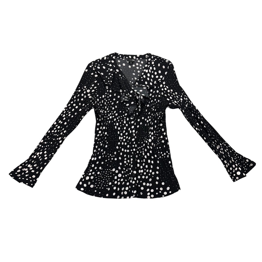 East 5th Petite Black White Polka Dot Pleated Ruffle V-Neck Blouse Top PL Mens